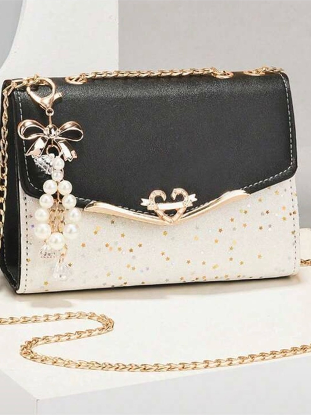 No Boundaries Black & White Star Print Crossbody with Pearl Charm